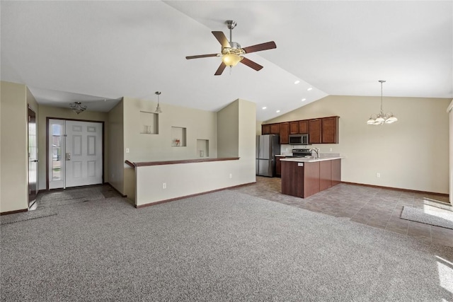 unfurnished living room with a chandelier, light carpet, baseboards, a ceiling fan, and recessed lighting