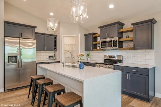 2740 Burns Dr, Marion, IA 52302 - kitchen with open shelves, stainless steel appliances, a sink, a chandelier, and lofted ceiling
