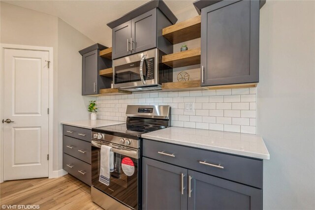 2740 Burns Dr, Marion, IA 52302 - kitchen featuring open shelves, stainless steel appliances, light wood finished floors, and backsplash