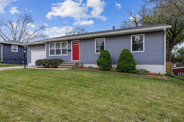 ranch-style home with a garage, driveway, and a front yard