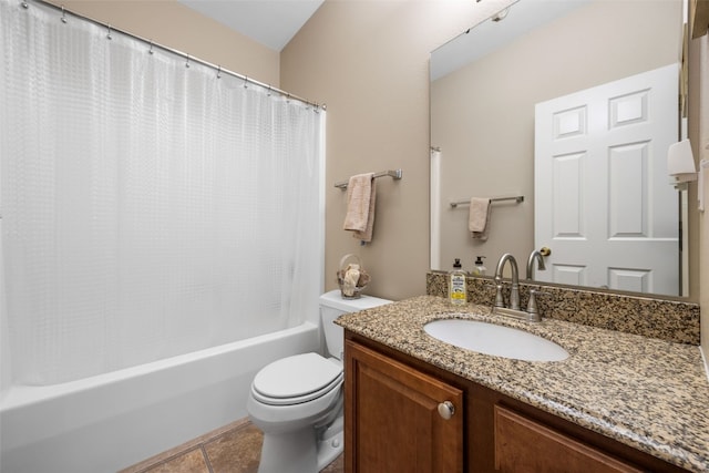 bathroom with toilet, vanity, shower / bathtub combination with curtain, and tile patterned flooring