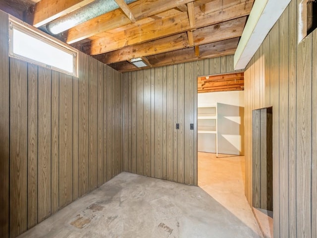 basement featuring wooden walls