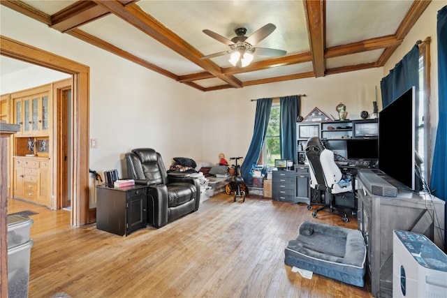 829 Union Ave, Lowden, IA 52255 - office featuring a ceiling fan, coffered ceiling, hardwood / wood-style flooring, and beam ceiling