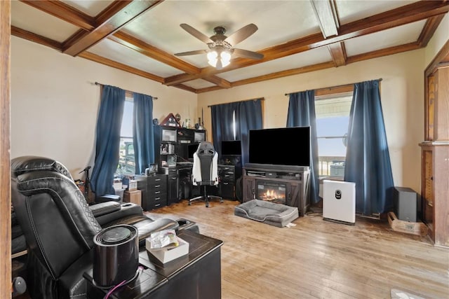 829 Union Ave, Lowden, IA 52255 - living area with coffered ceiling, ceiling fan, wood finished floors, beamed ceiling, and a glass covered fireplace