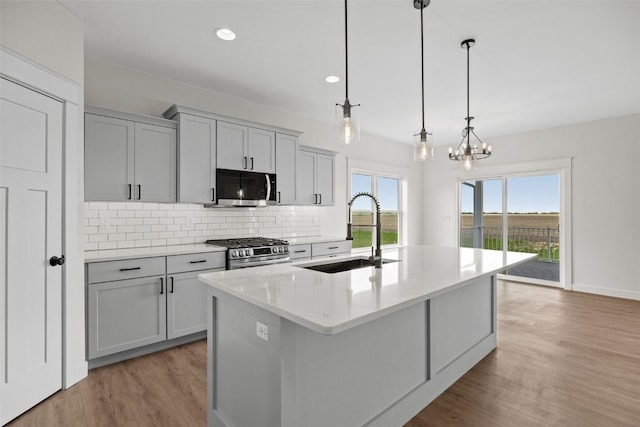 1356 Hickory Ridge Dr, Marion, IA 52302 - kitchen featuring a sink, stainless steel appliances, light wood-type flooring, tasteful backsplash, and a center island with sink