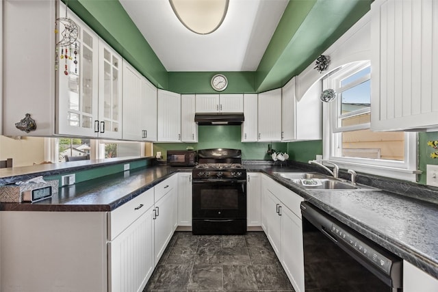 kitchen with black appliances, a sink, under cabinet range hood, and white cabinets