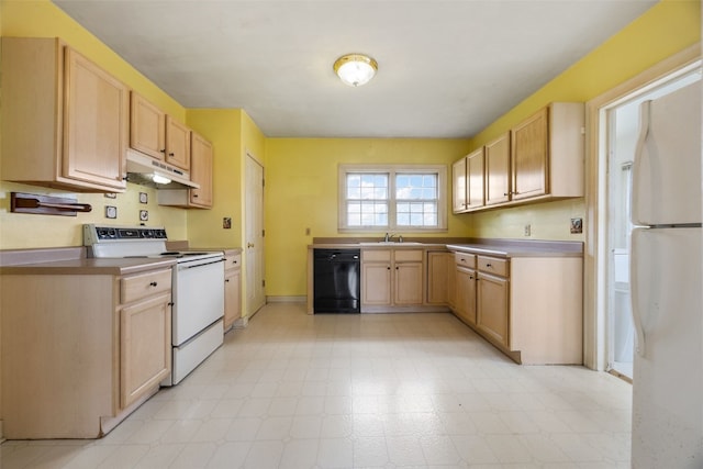 4378 480th St SE, Iowa City, IA 52240 - kitchen with white appliances, under cabinet range hood, light brown cabinets, a sink, and light floors
