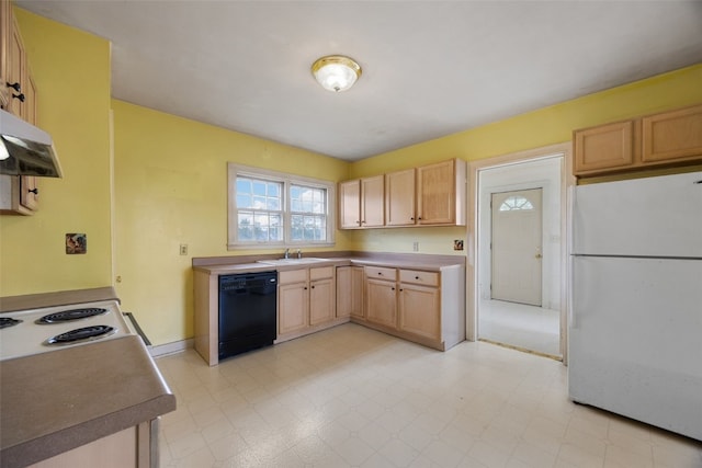 4378 480th St SE, Iowa City, IA 52240 - kitchen featuring freestanding refrigerator, black dishwasher, light brown cabinetry, a sink, and under cabinet range hood