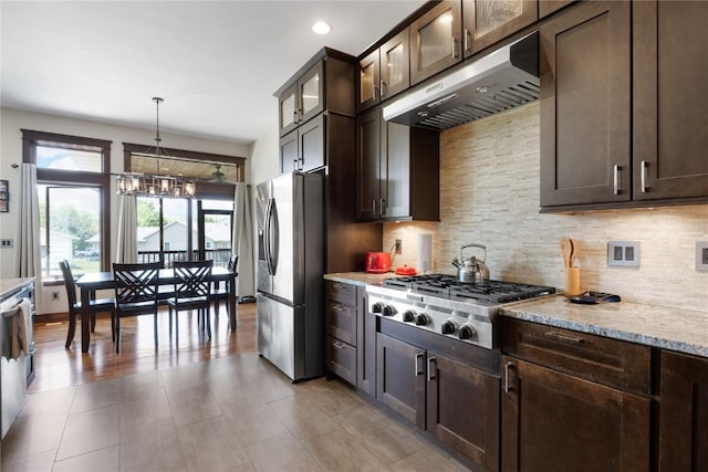 302 6th St NE, Mount Vernon, IA 52314 - kitchen featuring stainless steel appliances, under cabinet range hood, dark brown cabinets, decorative backsplash, and recessed lighting