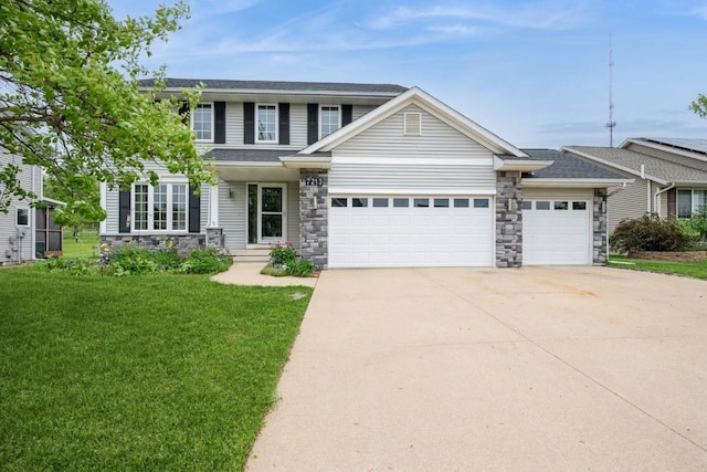 7213 Rolling Ridge Dr SW, Cedar Rapids, IA 52404 - view of front facade with a garage, stone siding, driveway, and a front yard