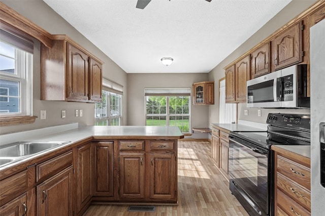3445 Willowridge Rd Unit B, Marion, IA 52302 - kitchen featuring black / electric stove, stainless steel microwave, a peninsula, light wood finished floors, and light countertops
