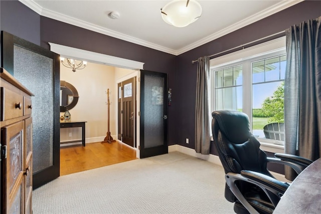 1443 69th St, Keystone, IA 52249 - home office featuring baseboards, crown molding, carpet flooring, and a chandelier