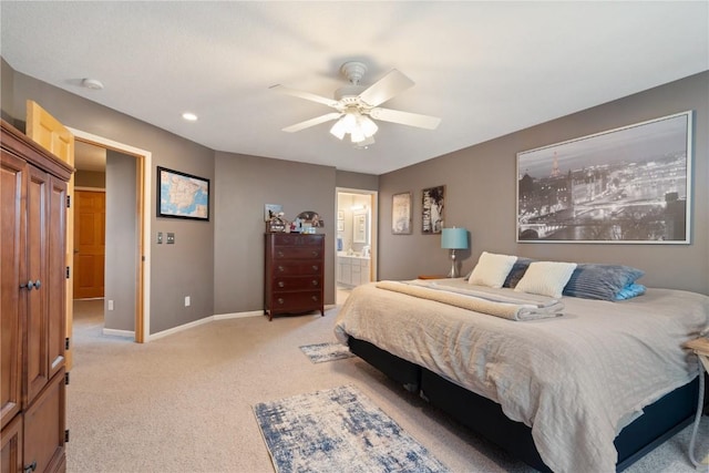 3205 Lennon Ln, Marion, IA 52302 - bedroom featuring light carpet, baseboards, ensuite bath, ceiling fan, and recessed lighting