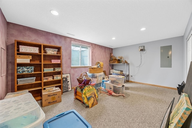 game room with electric panel, carpet floors, baseboards, and recessed lighting