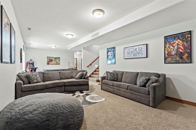395 Carlyle Dr, North Liberty, IA 52317 - living room with carpet, stairs, and baseboards