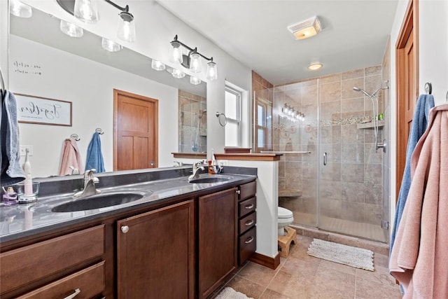 395 Carlyle Dr, North Liberty, IA 52317 - full bath with tile patterned floors, double vanity, a stall shower, and toilet