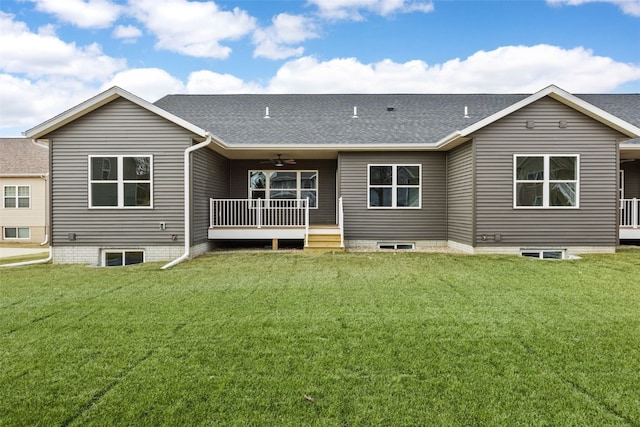 430 15th Ave SW, Mount Vernon, IA 52314 - rear view of house with a lawn, ceiling fan, a shingled roof, and covered porch