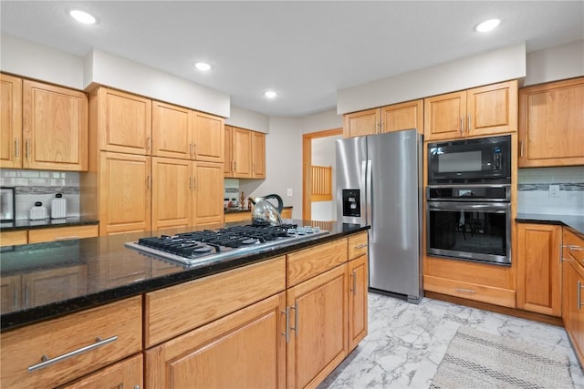942 Evergreen Ct, Iowa City, IA 52245 - kitchen featuring stainless steel appliances, light marble finish flooring, tasteful backsplash, recessed lighting, and dark stone counters