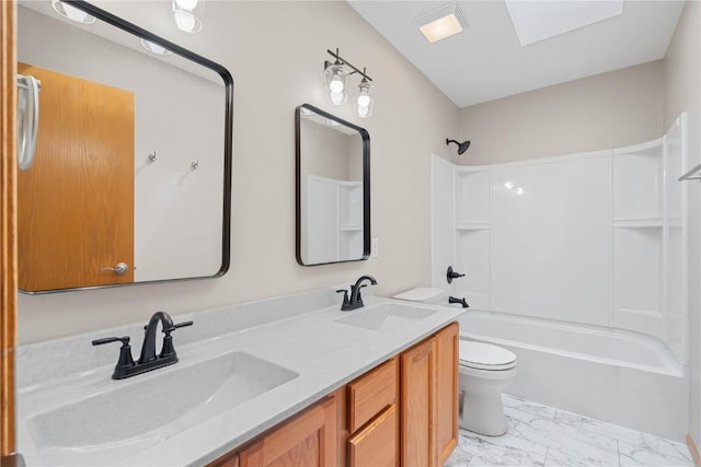942 Evergreen Ct, Iowa City, IA 52245 - full bathroom with toilet, shower / washtub combination, marble finish flooring, and double vanity