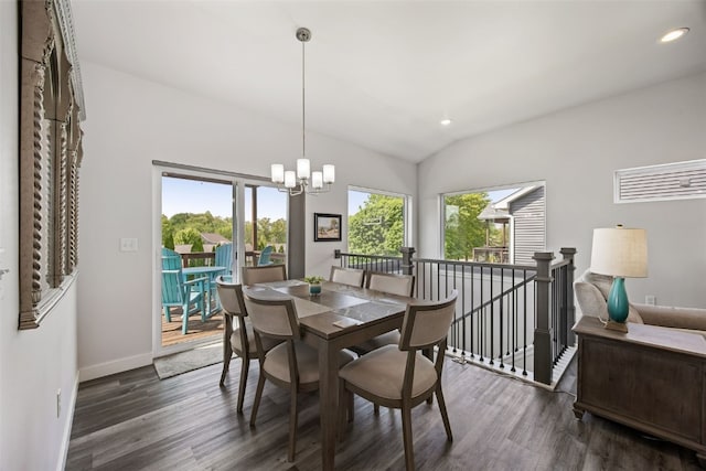 8 Pinnacle Ln, Tiffin, IA 52340 - dining space featuring dark wood-style floors, lofted ceiling, recessed lighting, a chandelier, and baseboards