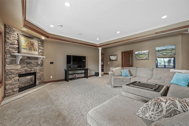 4355 Par Cir, Marion, IA 52302 - living room with carpet floors, a raised ceiling, recessed lighting, baseboards, and a fireplace