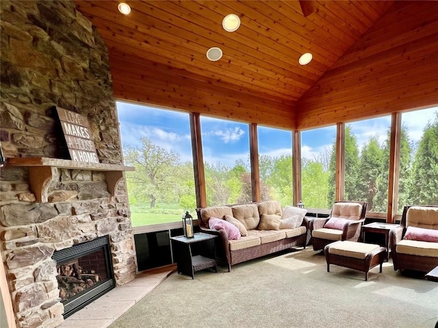 4355 Par Cir, Marion, IA 52302 - living room with high vaulted ceiling, wooden ceiling, recessed lighting, a fireplace, and light colored carpet