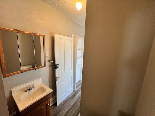 1213 11th St, Marion, IA 52302 - bathroom featuring a textured ceiling, wood finished floors, vanity, and vaulted ceiling