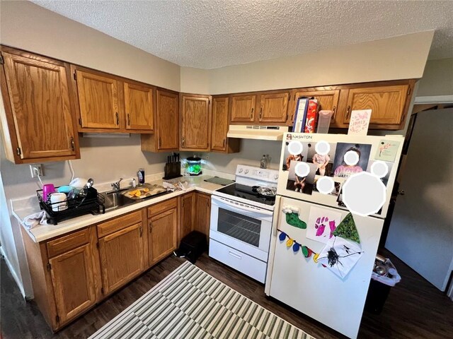 1213 11th St, Marion, IA 52302 - kitchen featuring white appliances, under cabinet range hood, brown cabinets, light countertops, and a textured ceiling
