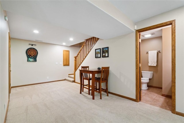 1445 NE Butternut Ln, Swisher, IA 52338 - living area featuring light carpet, stairs, baseboards, and recessed lighting