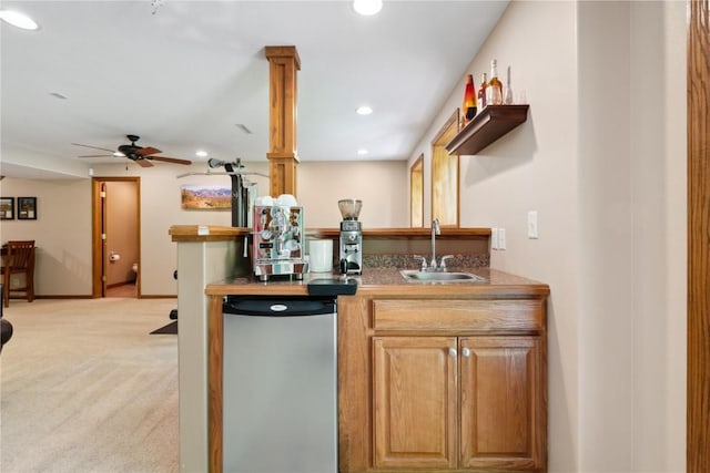 1445 NE Butternut Ln, Swisher, IA 52338 - kitchen featuring a sink, open shelves, ceiling fan, light carpet, and recessed lighting