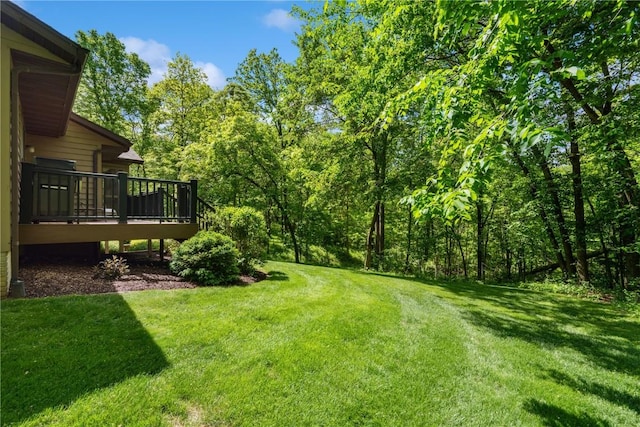 1445 NE Butternut Ln, Swisher, IA 52338 - view of grassy yard featuring a wooden deck and a wooded view