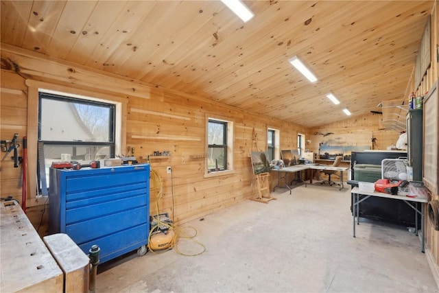 2527 61st St Ln Lot 1, Vinton, IA 52349 - misc room with a workshop area, unfinished concrete flooring, wooden walls, and lofted ceiling