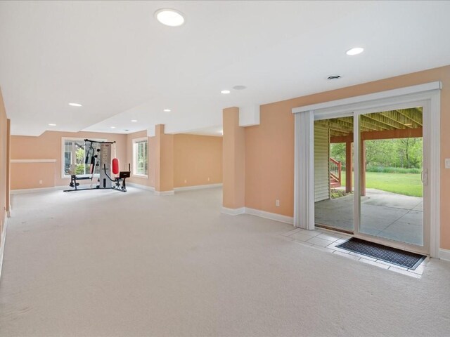 3010 Newcastle Rd, Marion, IA 52302 - exercise room with light carpet, baseboards, and recessed lighting