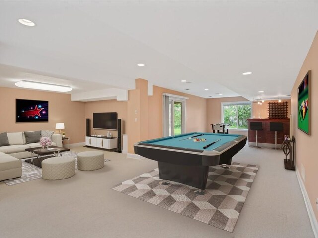 3010 Newcastle Rd, Marion, IA 52302 - playroom with carpet flooring, a dry bar, pool table, baseboards, and recessed lighting