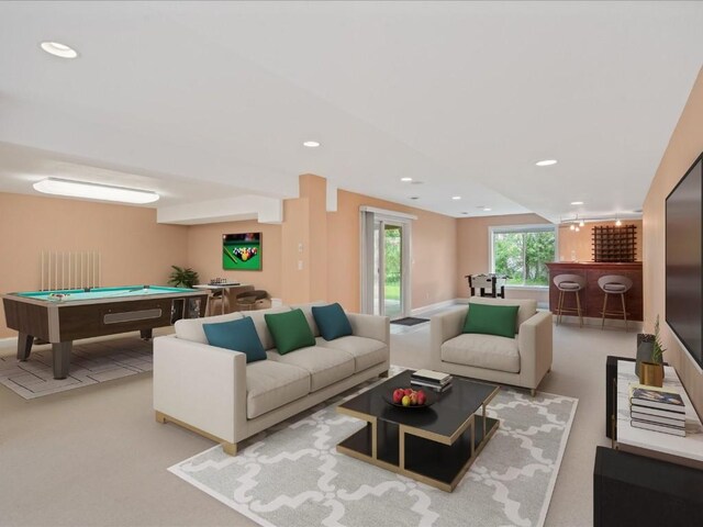 3010 Newcastle Rd, Marion, IA 52302 - carpeted living area with a dry bar, pool table, and recessed lighting