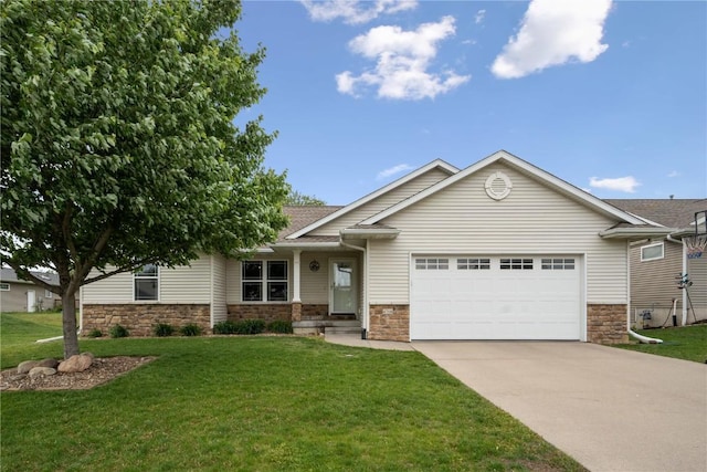 4708 Pueblo St SW, Cedar Rapids, IA 52404 - craftsman inspired home featuring stone siding, a garage, concrete driveway, and a front lawn