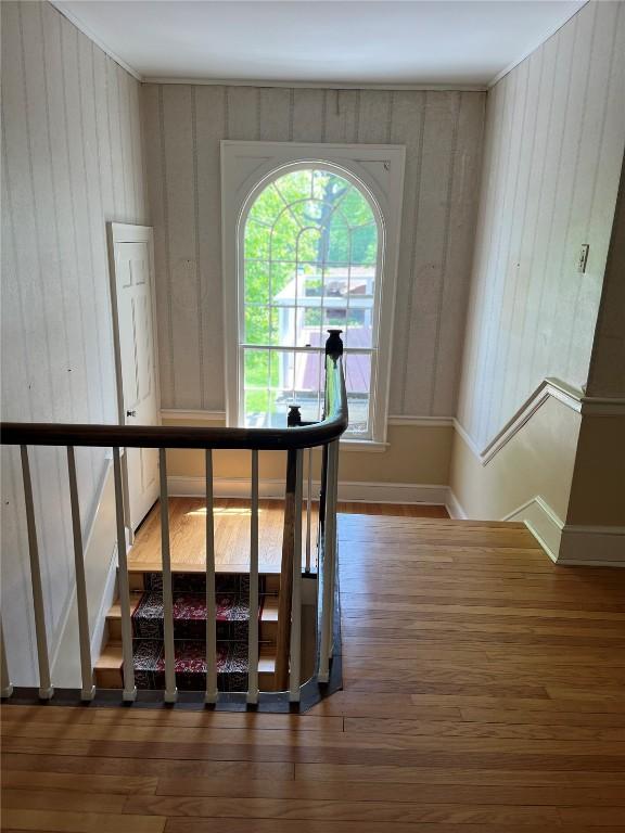 620 S Summit St, Iowa City, IA 52240 - stairway featuring wood finished floors, wood walls, and baseboards