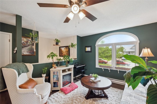 607 E Pershing Dr, Brooklyn, IA 52211 - living room featuring ceiling fan, wood finished floors, and baseboards