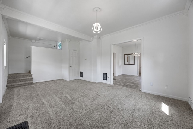 1337 Ellis Blvd NW, Cedar Rapids, IA 52405 - unfurnished living room with carpet, crown molding, stairway, and baseboards