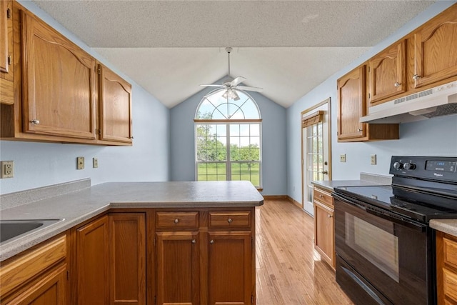 3110 Towne House Dr NE Unit C, Cedar Rapids, IA 52402 - kitchen with black range with electric cooktop, under cabinet range hood, a peninsula, light wood-style floors, and ceiling fan