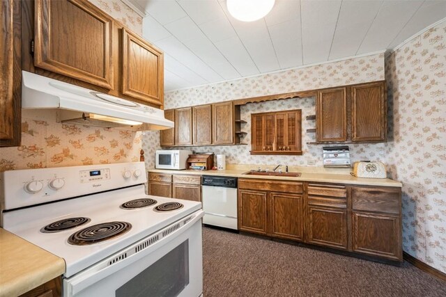 205 2nd Ave, Atkins, IA 52206 - kitchen with white appliances, under cabinet range hood, wallpapered walls, open shelves, and a sink
