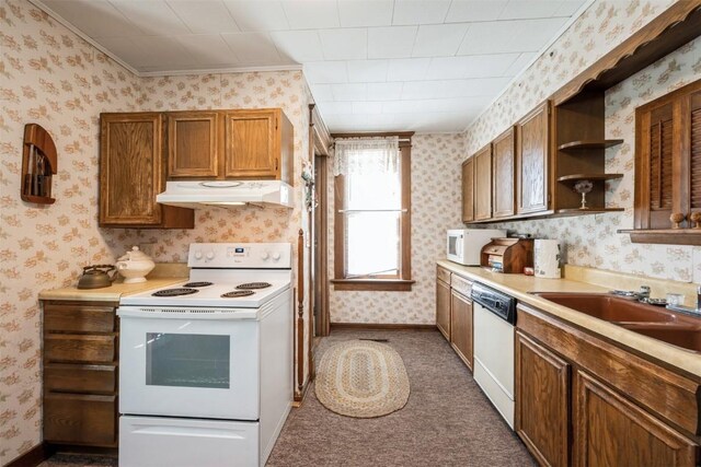 205 2nd Ave, Atkins, IA 52206 - kitchen featuring white appliances, under cabinet range hood, wallpapered walls, brown cabinetry, and open shelves