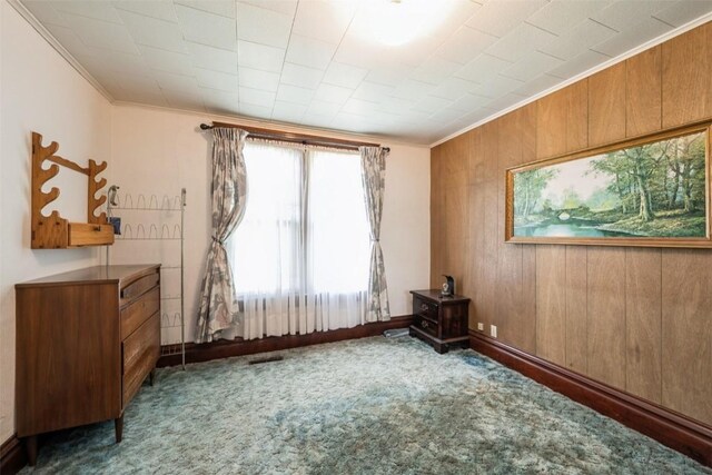 205 2nd Ave, Atkins, IA 52206 - carpeted empty room with ornamental molding, wood walls, and baseboards