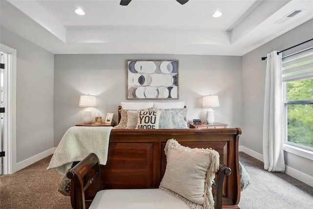 2925 Pine Hill Trce, Coralville, IA 52241 - bedroom featuring a tray ceiling, carpet, baseboards, recessed lighting, and ceiling fan