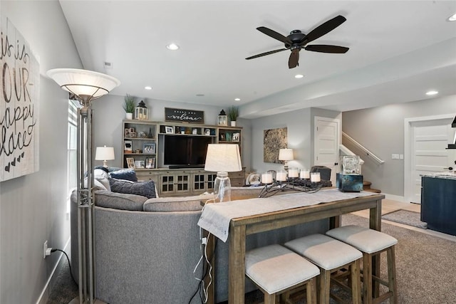 2925 Pine Hill Trce, Coralville, IA 52241 - living room with a ceiling fan, baseboards, and recessed lighting