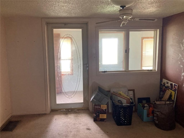 1403 W 3rd St, Vinton, IA 52349 - foyer entrance with a textured ceiling, ceiling fan, and carpet flooring