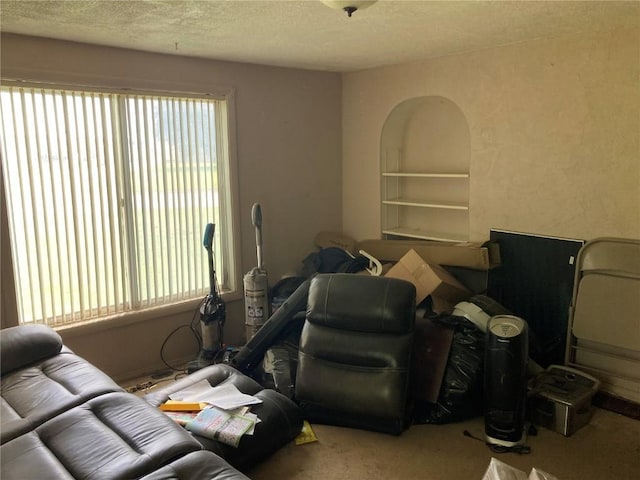 1403 W 3rd St, Vinton, IA 52349 - living area with a textured ceiling and carpet flooring