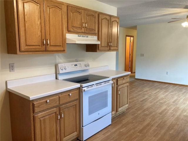 202 S 9th Ave, Vinton, IA 52349 - kitchen with under cabinet range hood, white range with electric stovetop, brown cabinetry, light wood-style floors, and light countertops