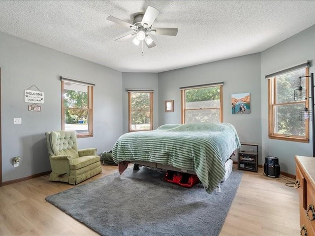 433 S Iowa St, Solon, IA 52333 - bedroom featuring light wood-style floors, multiple windows, a ceiling fan, and a textured ceiling