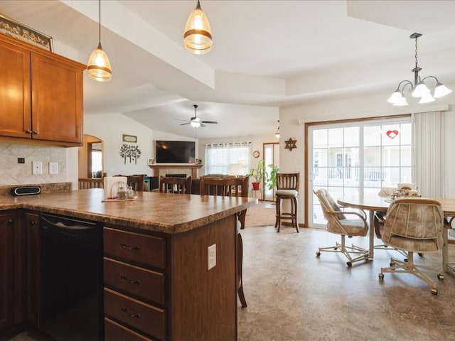 4408 Hastings Dr, Marion, IA 52302 - kitchen featuring black dishwasher, a peninsula, backsplash, dark countertops, and a ceiling fan